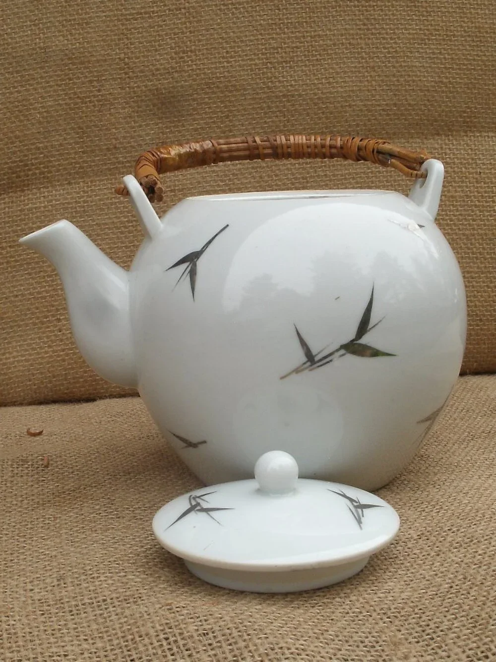 Vintage Otagiri Brushstroke Bamboo Teapot Rattan Handle